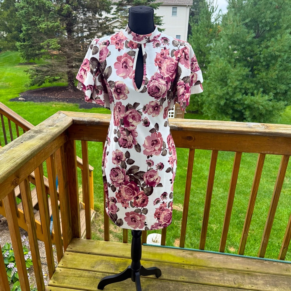 Xtaren Floral Mini Dress Bodycon Ruffle Sleeve Mauve Flowers Sz L Made In USA